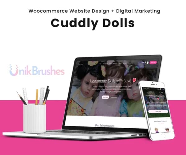 Cuddly Dolls WooCommerce website displayed on laptop and mobile screens