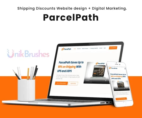 ParcelPath shipping website displayed on laptop and mobile screens