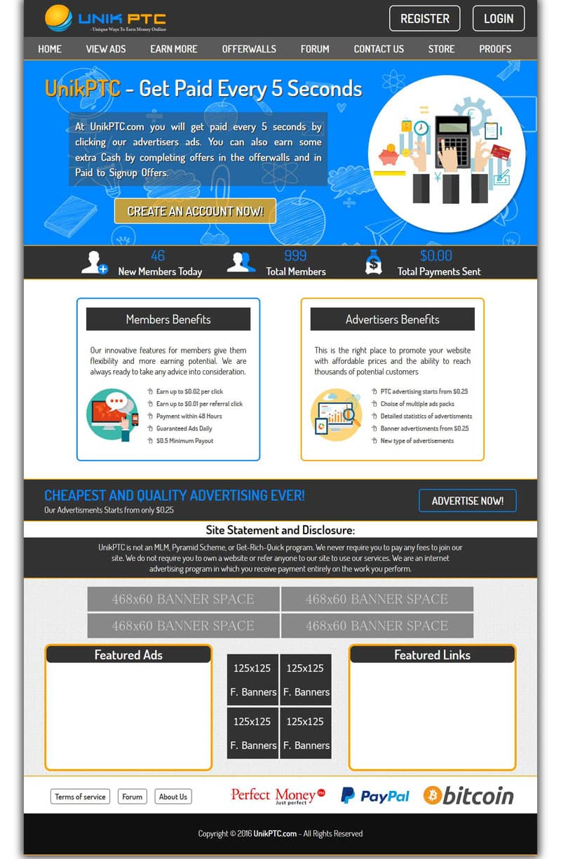Archived UniK PTC website template showing account options and advertising details
