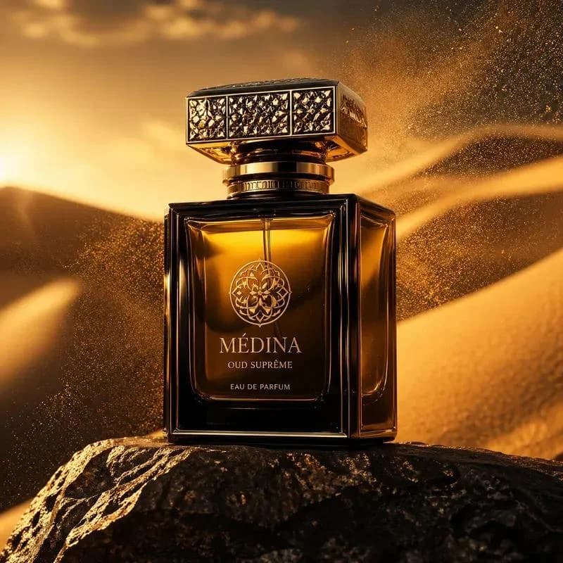 Medina perfume creative with a golden desert setting