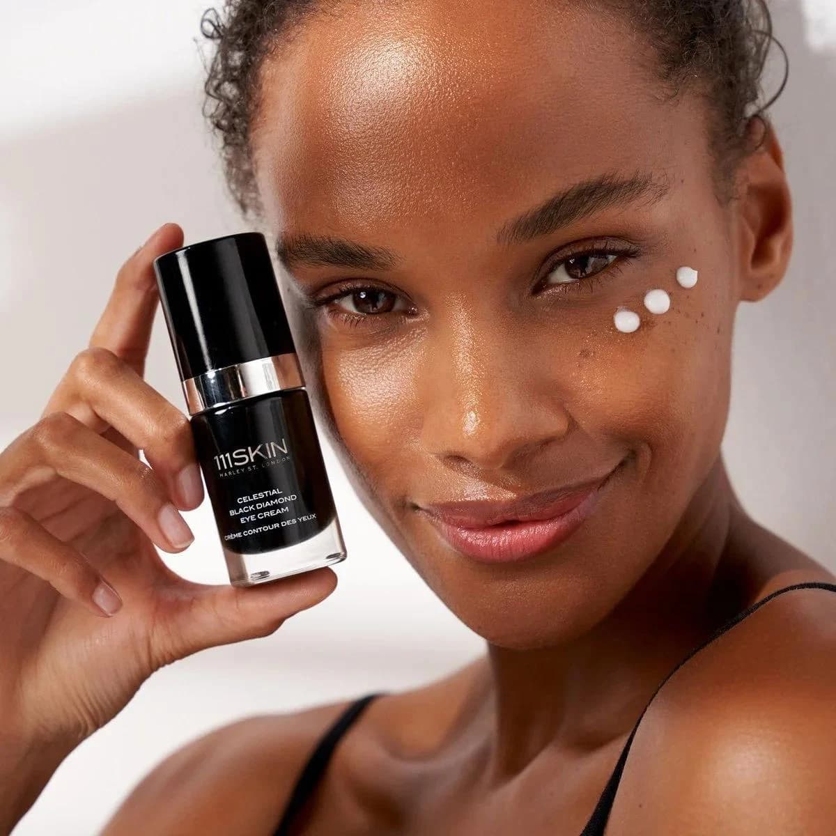Lifestyle skin-care creative featuring a model holding a serum bottle