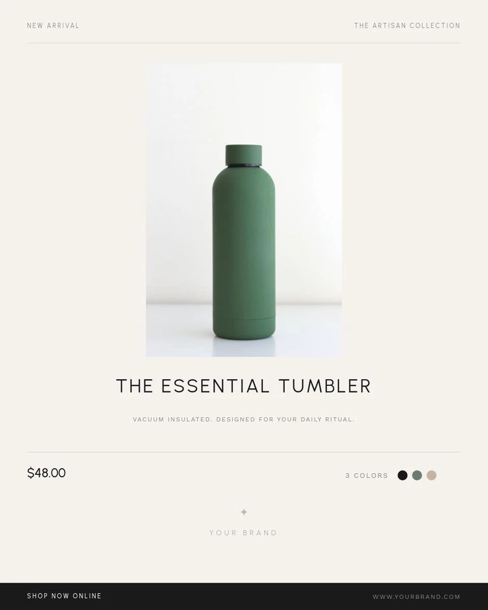 Minimal product advertisement for a green Essential Tumbler